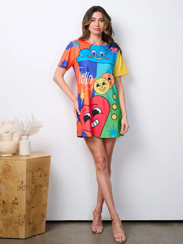 Free Spirited Fashion WOMEN'S SHORT SLEEVE TUNIC MULTI COLOR GRAPHIC MINI DRESS