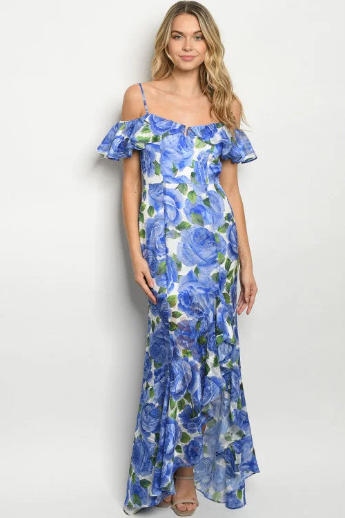 Durable Fashion Picks Blue Floral Cold Shoulder Mermaid Cut Maxi Dress Gown