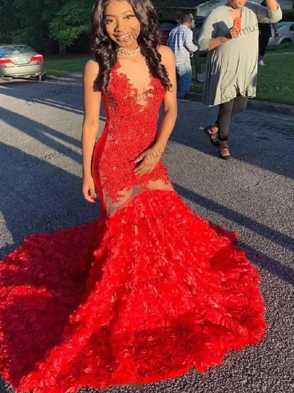 Discover Now Beautiful Red Prom Dresses With Rose Bottom Elegant Mermaid Black Girls Evening Gowns African Lace Formal Birthday