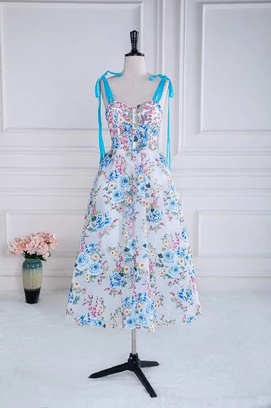 Clothes For Sale Blue and White Floral Bow Tie Straps A-line Tea-Length Prom Dress