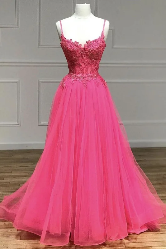 Best Clearance Sales Right Now Hot Pink Floral Spaghetti Straps A-line Long Prom Dress