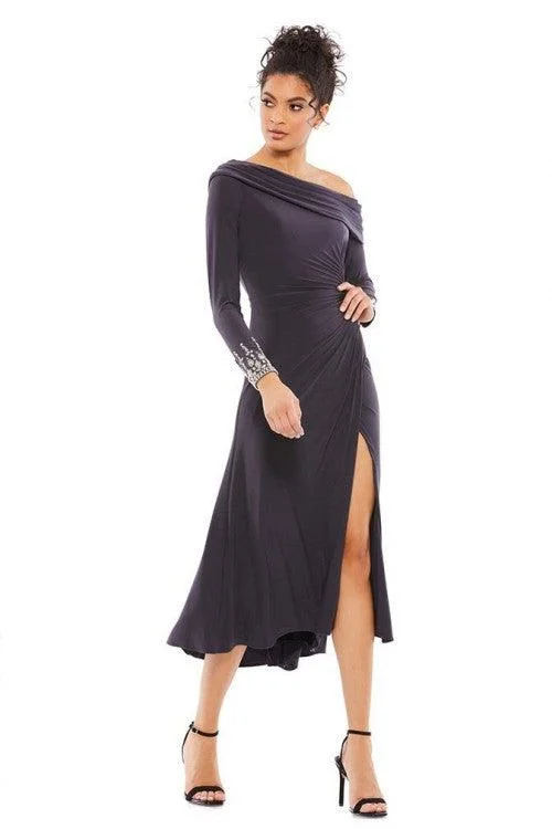 Free Spirited Fashion Mac Duggal 26485 Foldover Long Sleeve Jeweled Midi Dress