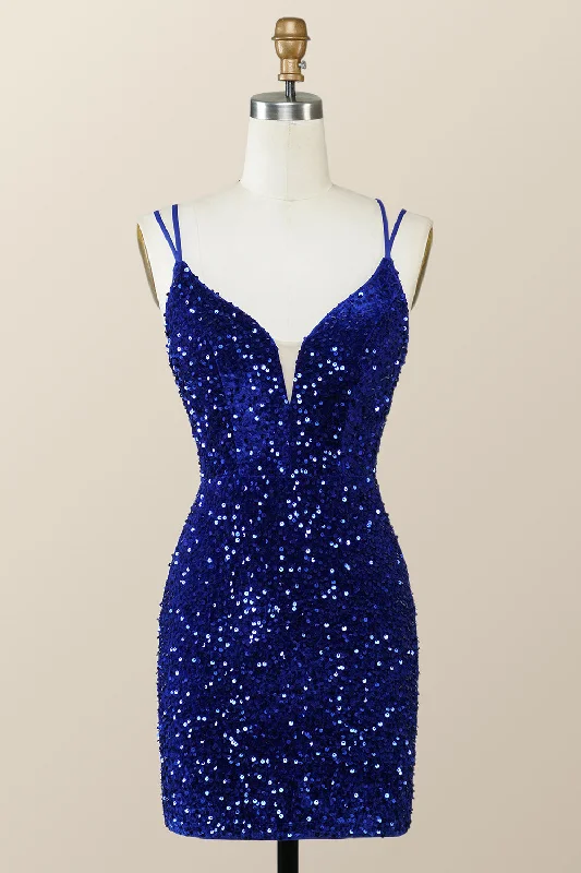 Festival Fashion Royal Blue Sequin Tight Mini Dress with Double Straps