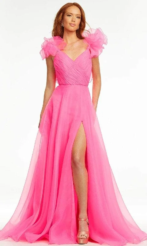 Clothes Sales Ashley Lauren - V-Neck Ruched Prom Gown With Slit 11166 - 1 pc Hot Pink in Size 12 Available