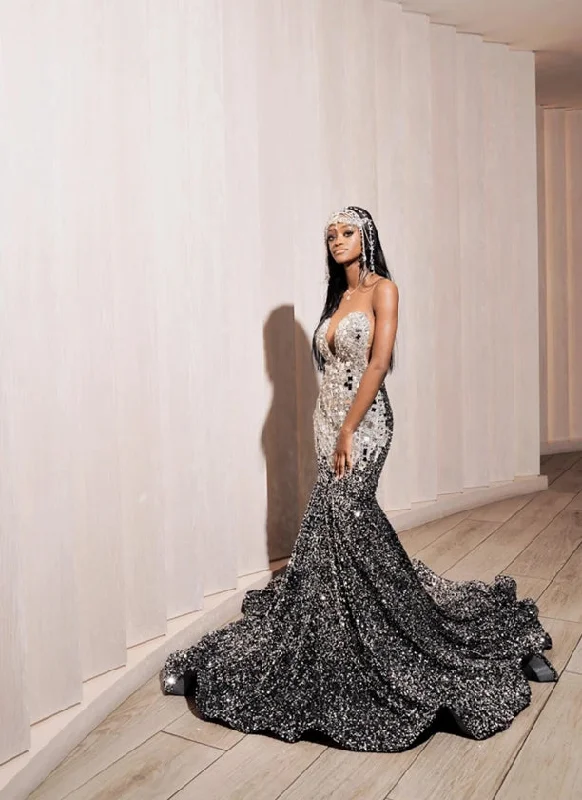 Bid Farewell To The Old Season Silver O Neck Long Prom Dress For Black Girls Beaded Crystal Birthday Party Dresses Sequined Evening Gowns Gown