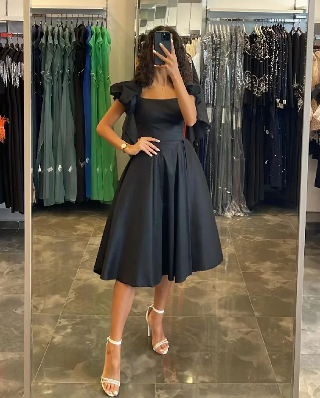 Winter Wardrobe Clearance Homecoming Dresses Black Younger Girls' Wear Tea Length A Line Graduation Party Gowns Square Neck Short Sleeves Prom Dress