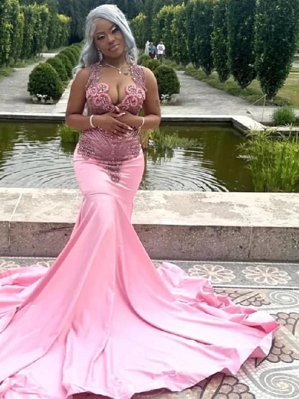 Women's Urban Fashion Luxury Glitter Pink Mermaid Prom Dress For Black Girls Silver Crystal Diamond Beaded Birthday Patry Gown