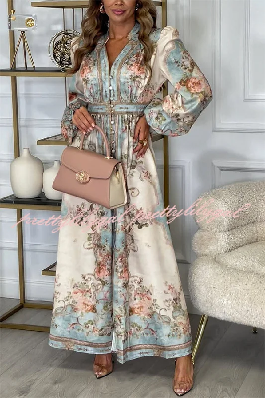 High End Fashion Fresh Pickings Floral Bohemian Print Balloon Sleeve Button Up Maxi Dress