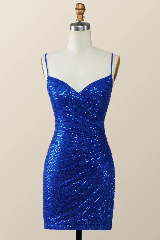 Earthy Tones Straps Royal Blue Sequin Tight Mini Dress