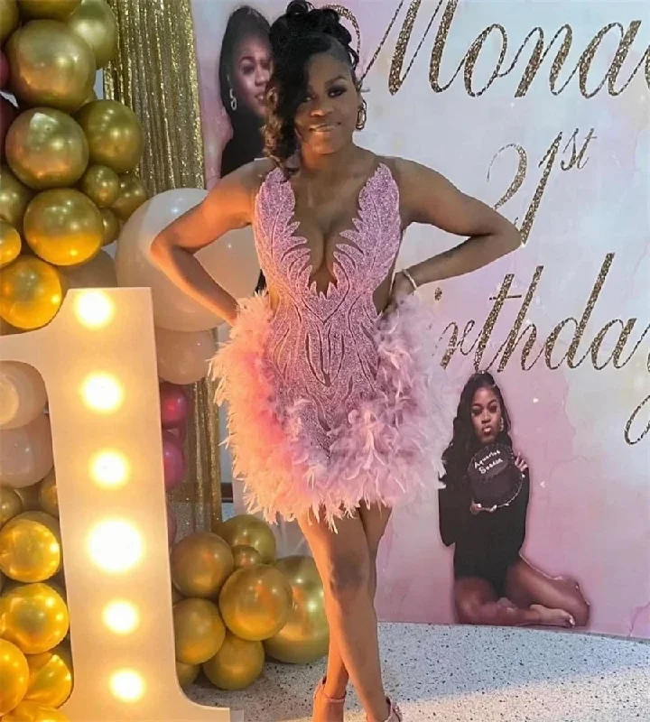 Exclusive Discount Pink Diamond Feather Short Prom Dresses Black Girls Sexy Birthday Party Dress Beaded African Mini Cocktail Dresses Homecoming