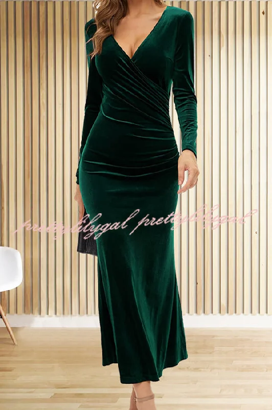 Style Your Wardrobe Solid Color Velvet Long Sleeve V-neck Slim Fit Fishtail Maxi Dress