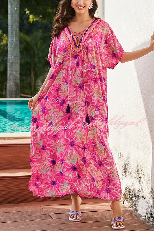 Boho Chic Fashion Floral Print V-Neck Lace-Up Loose Holiday Cover-Up Maxi Dress