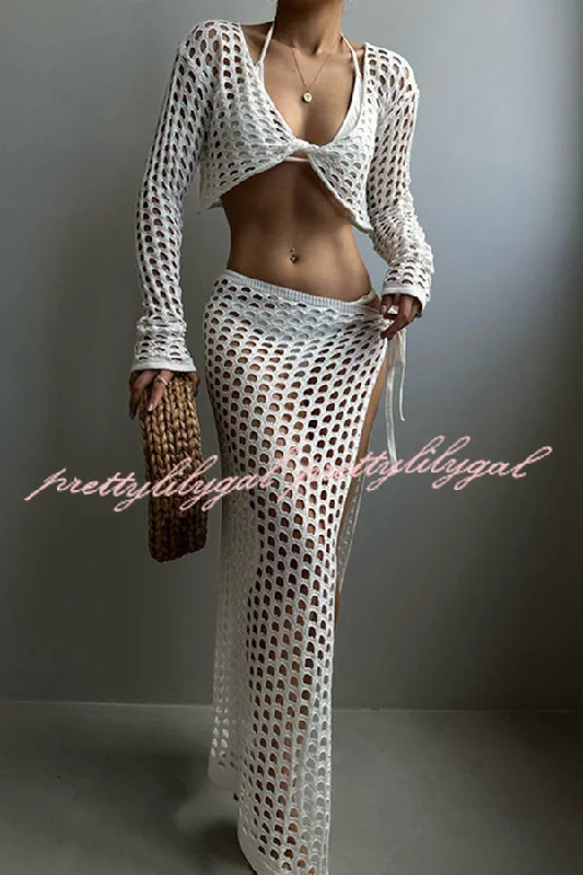 Everyday Fashion Solid Color Sexy Hollow Long Sleeve Top and Lace-up Slit Knitted Cover-up Maxi Skirt Set