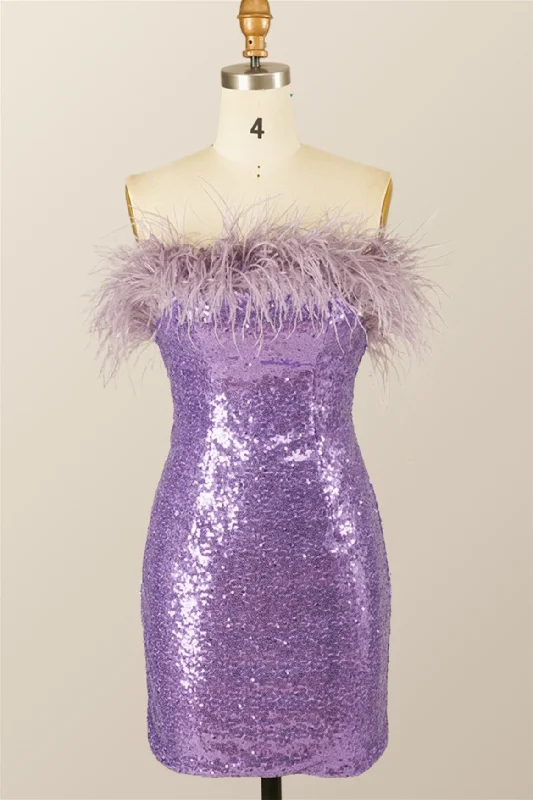 Luxe Women's Fashion Feather Strapless Purple Sequin Mini Dress