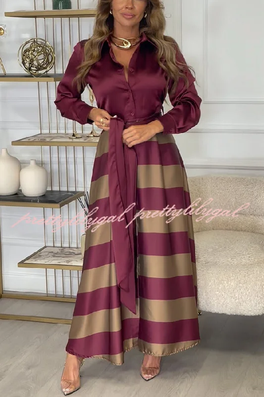 Exclusive Sale Lindsey Satin Colorblock Contrast Long Sleeve Belted Shirt Maxi Dress