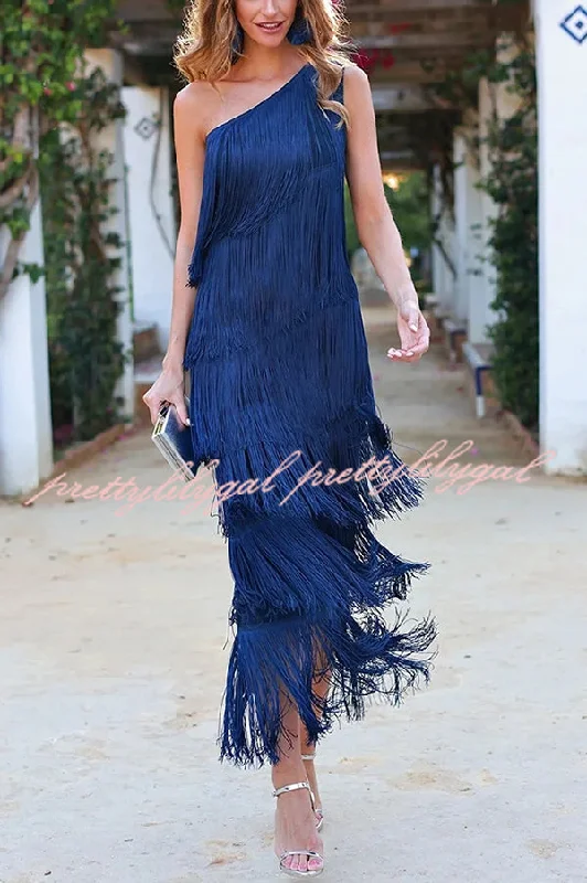 Season Sale Stylish Fringed One Shoulder Asymmetric Midi Dress