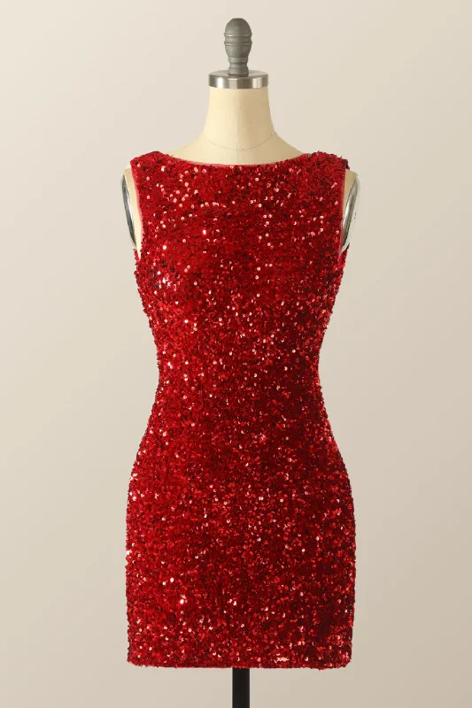 Chic Casual Style Scoop Red Sequin Tight Mini Dress with Cowl Back