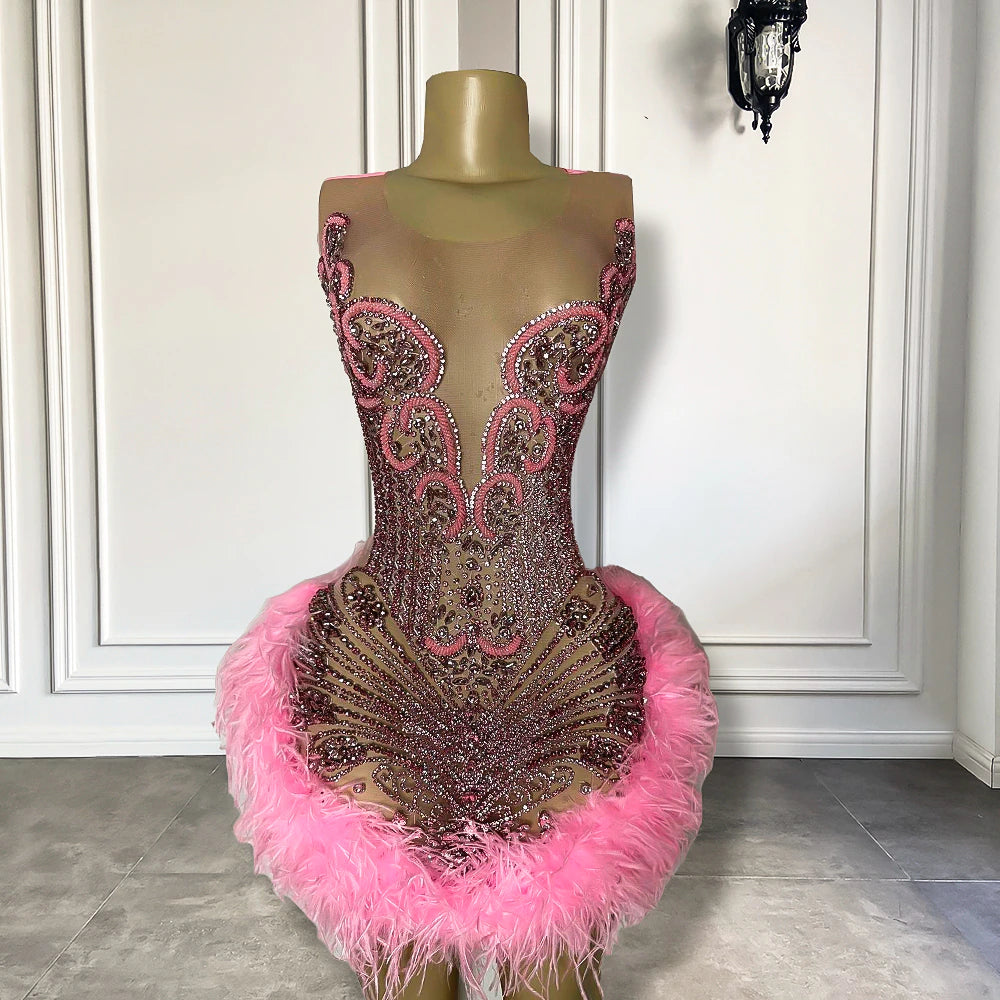 Style Redefined Real Sample Luxury Sheer Sexy See Through Birthday Party Gowns Sparkly Diamond Pink Feather Black Girls Short Prom Dresses