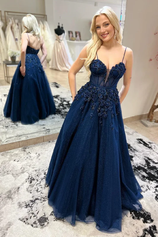 Chic Women’s Clothing for Work and Travel Navy Blue Straps Plunging V Floral Beaded Long Prom Dress