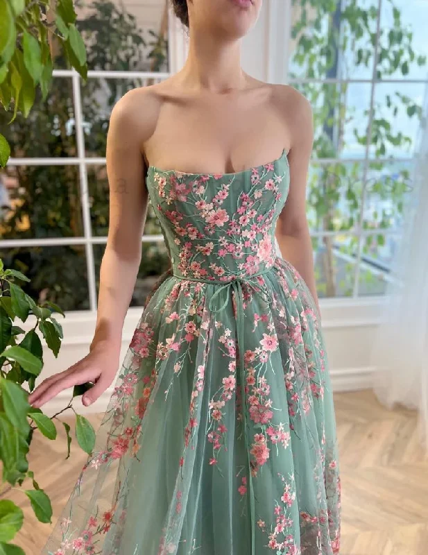 Women Apparel Sage Green Tulle Prom Dresses for Teens Girls with Pink Lace Embroideries Tea-Length Birthday Party Dress A-Line فساتين السهرة