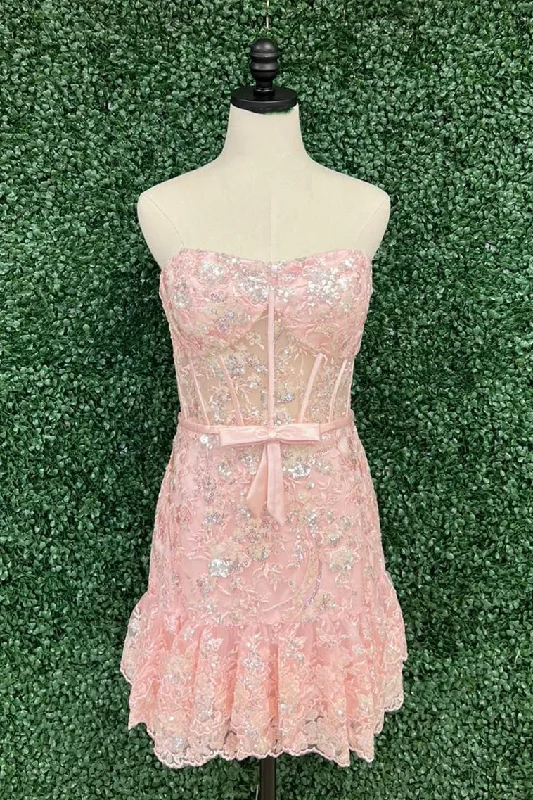 Minimalist Style Strapless Pink Sequin Mermaid Mini Dress