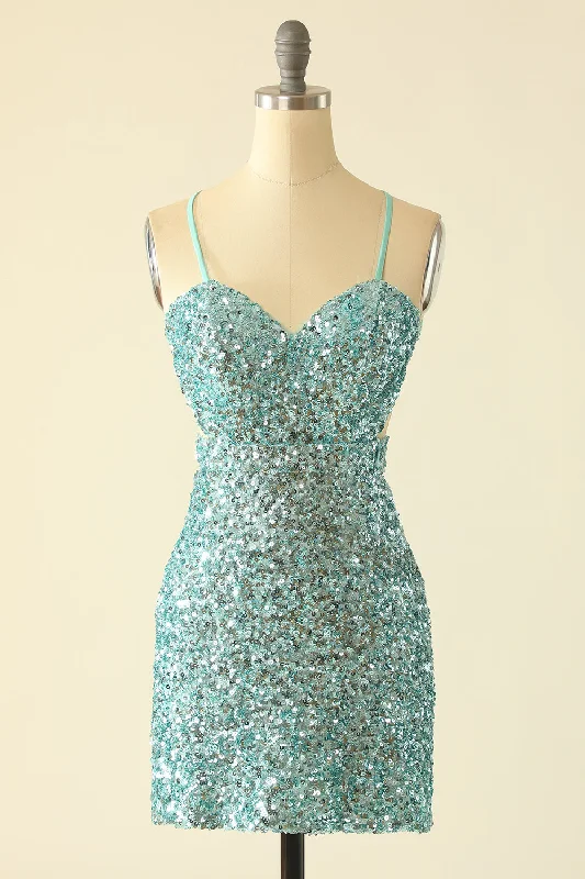 Timeless Elegance Straps Mint Green Sequin Tight Mini Dress