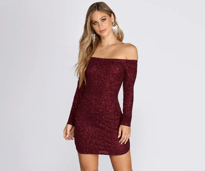 Flash Sales Off Shoulder Long Sleeve Glittering Mini Dress