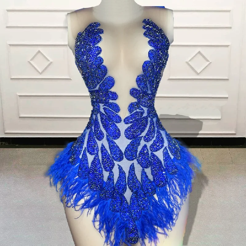 Elegant Simplicity Wardrobe Glitter Beaded Feather Black Girls Blue Short Prom Dresses Sexy Women Mini Cocktail Gowns for Birthday Party Custom Made