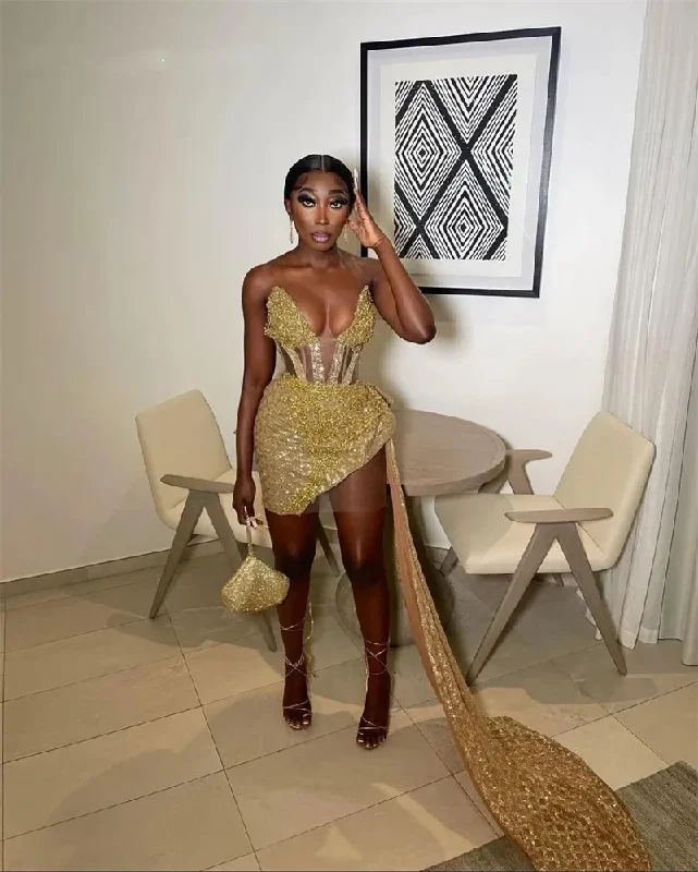 End of Season Sale Luxury Gold Sweetheart Short Prom Dress For Black Girls Lace Up Birthday Party Dresses With Tail Mini Cocktail Homecoming Dress