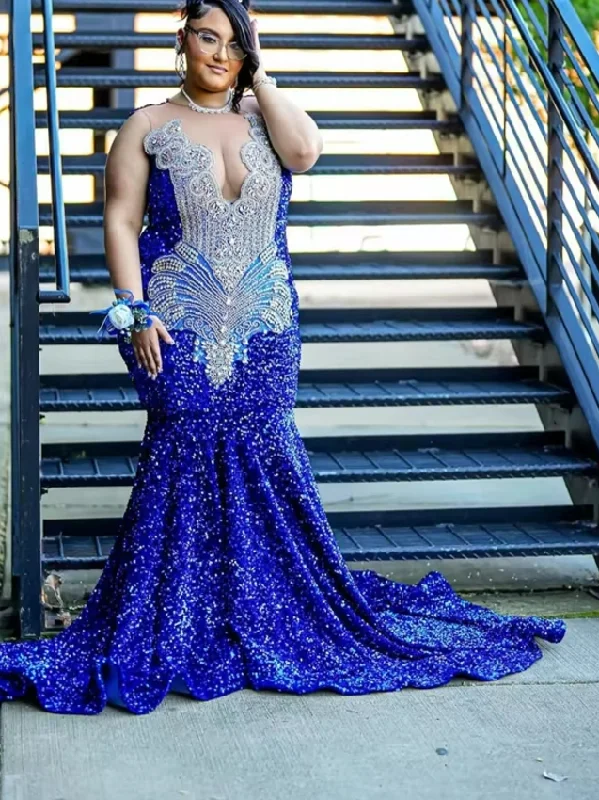 Premium Style Royal Blue O Neck Long Prom Dress For Black Girls Beaded Crystal Diamond Birthday Party Gowns Sequin Evening Dresses