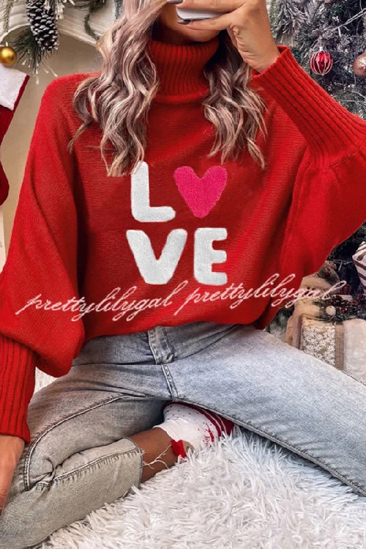 Fashion Forward Femininity Happy Holidays Contrast Love Letter Turtle Neck Bat Sleeve Sweater