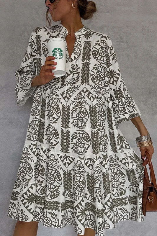 Relaxed Style Unique Printed V-neck Bell Sleeve Mini Dress