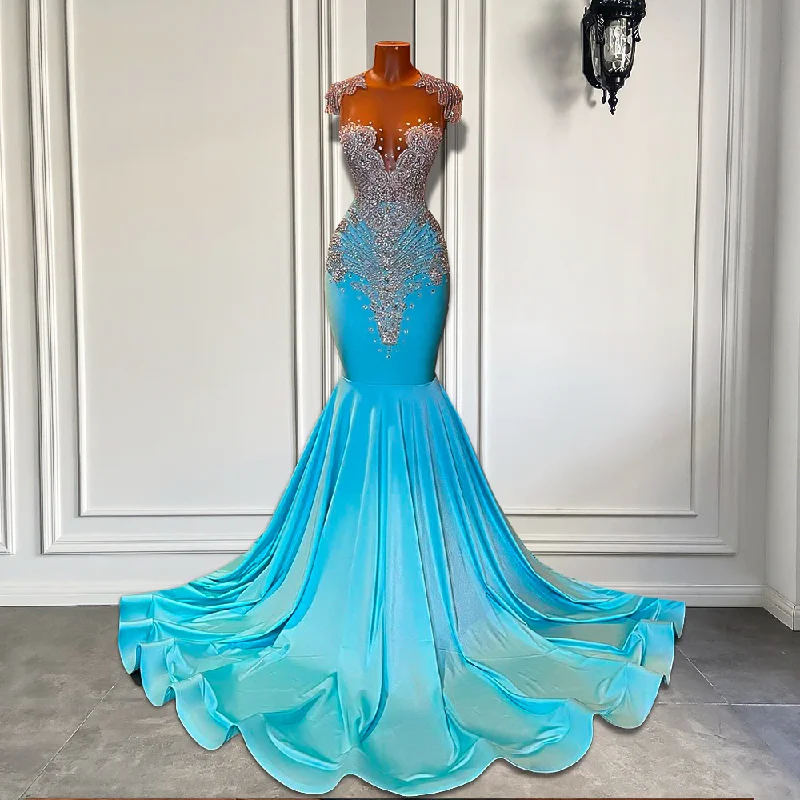 Unleash Your Trend Driven Style Long Sparkly Prom Dresses Sexy Sheer Top Luxury Diamond Light Blue Black Girls Mermaid Prom Gala Party Gowns