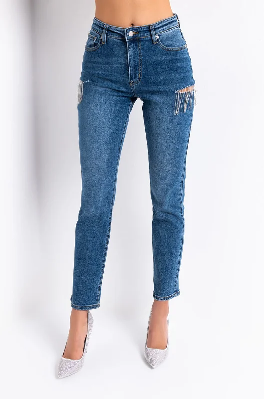 Online Clothing Stores CAMILA HIGH WAISTED RHINESTONE SLIT JEANS