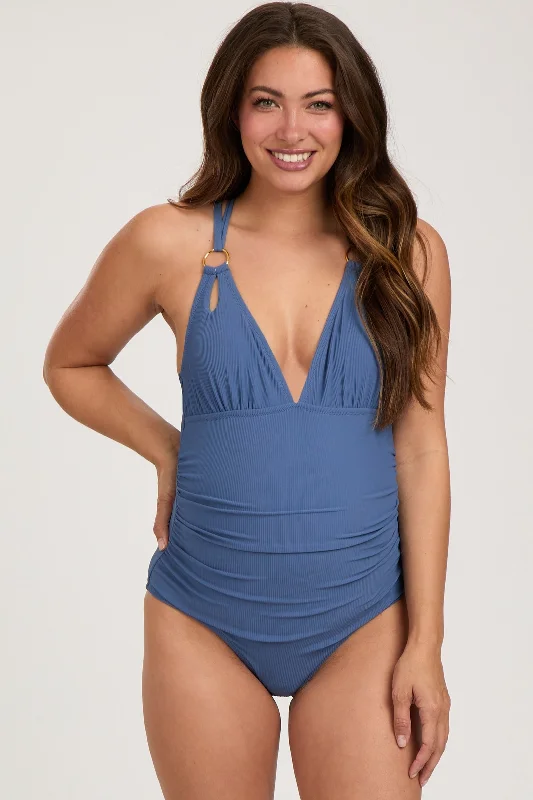 Exclusive Sale Blue Ribbed V-Neck Ruched Criss Cross Low Back Maternity One Piece Swimsuit