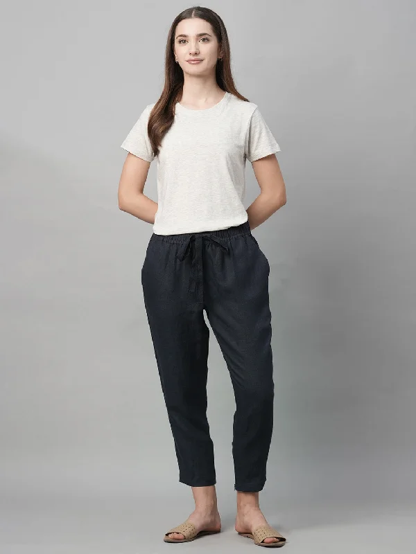 Chic Trend Collection Women's Navy Linen Regular Fit Pant