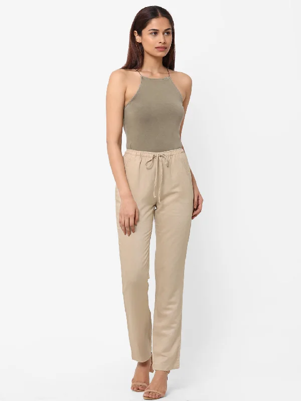 Unleash Your Fashion Women's Khaki Linen Regular Fit Pant