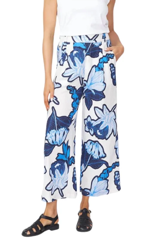 Extreme Clearance Deals Floral Linen Cropped Trouser In Blue/white