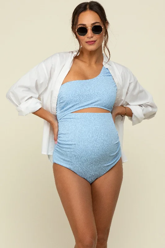 Graceful Fashion Light Blue Asymmetrical One Shoulder Side Cutout One-Piece Maternity Swimsuit