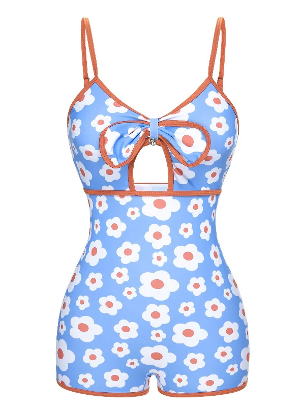 Budget-Friendly Fashion 1930s Spaghetti Straps Cartoon Flowers Boxer Swimsuit