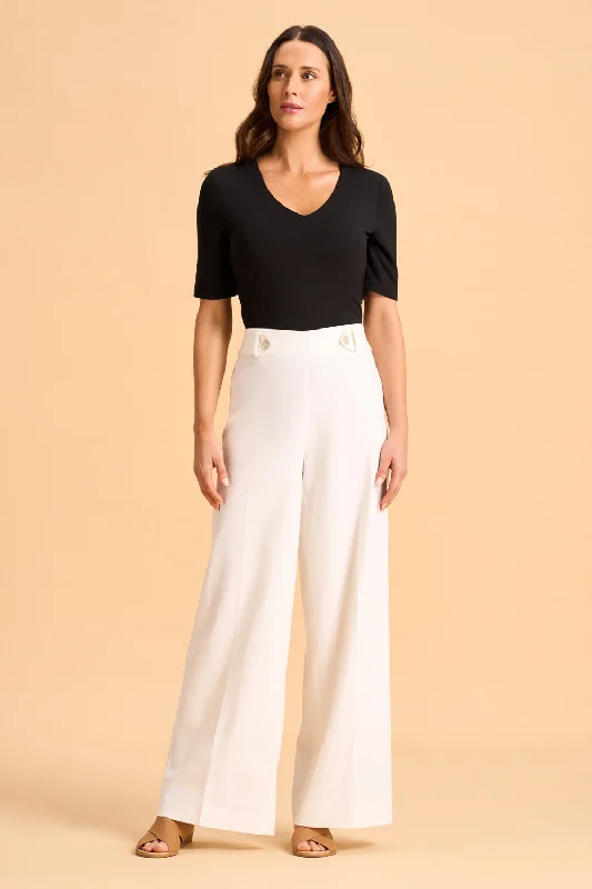 Elegant Women’s Fashion Full Length Waist Tab Linen Pant - White