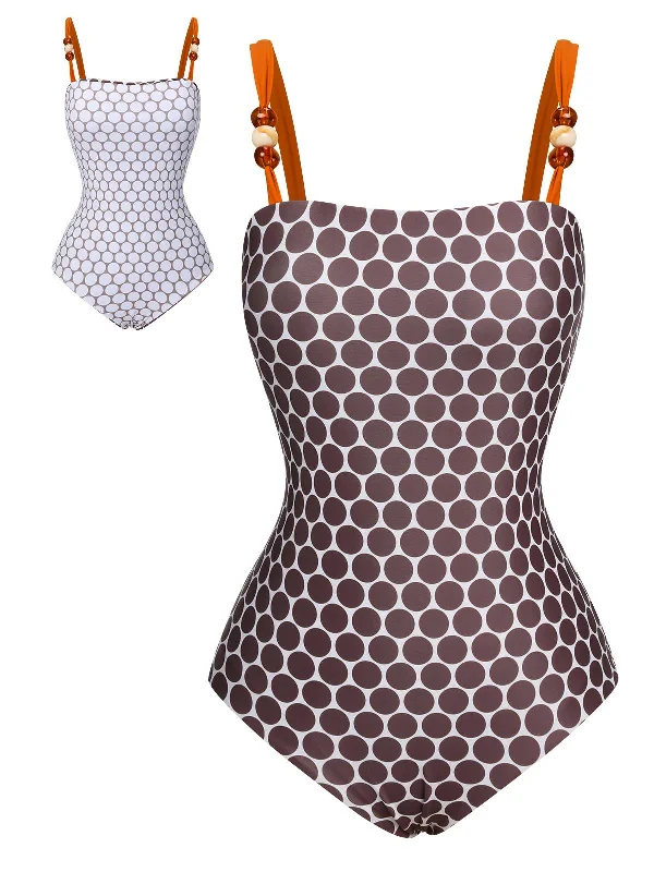 Weekend Exclusive Brown 1930s Beads Straps Polka Dots Reversible Swimsuit