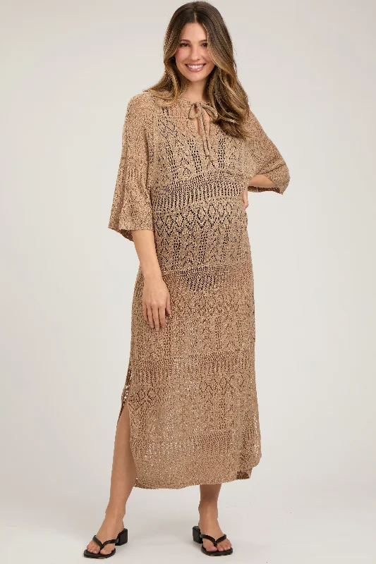 Everyday Fashion Taupe Open Knit Front Tie Side Slit Midi Maternity Swim Cover Up