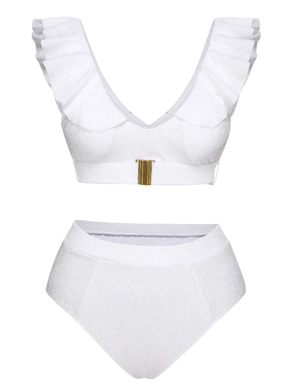 Everyday Wear White 1950s Ruffles Solid Swimsuit