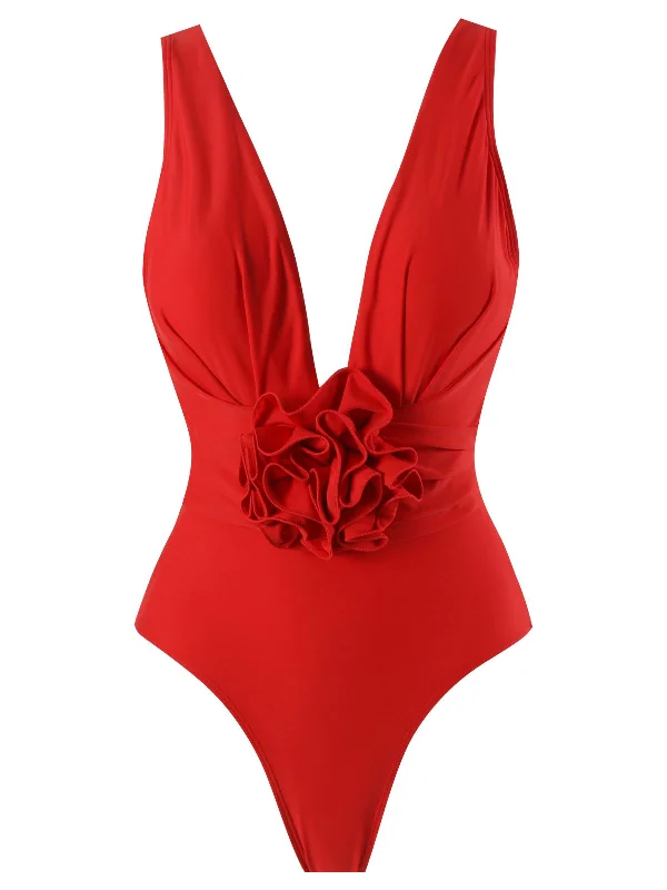 Versatile Wardrobe Essentials Red 1960s Solid 3D Flower Backless Swimsuit