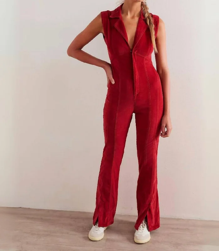 Hot Styles Crvy Ring The Alarm Corduroy Jumpsuit In Haute Red