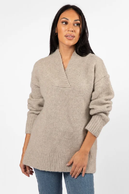 High End Women's Wear Relax Oatmeal Slouchy V-Neck Sweater SALE