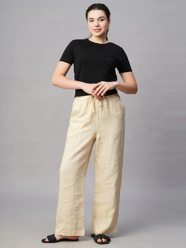 Trendy Street Style Attire Women's Beige Linen Regular Fit Pant