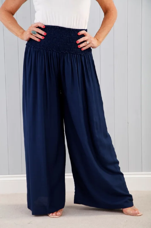 Casual Women’s Clothing Ruched Waist Palazzo Pants Navy