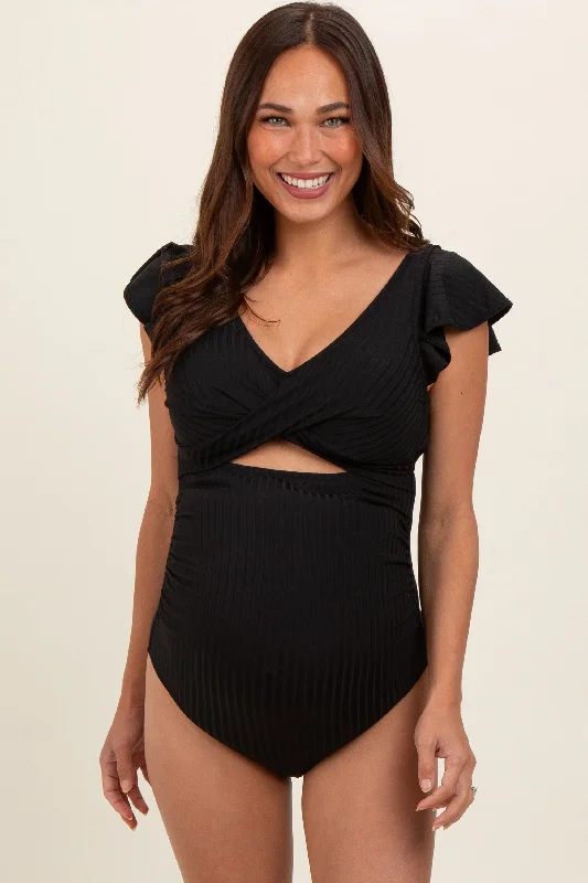 Limited Time Deal Black Ribbed Ruched Cutout Flutter One Piece Maternity Swimsuit